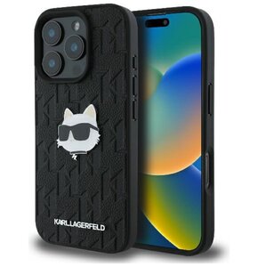 Etui KARL LAGERFELD Monogram Choupette Head Pin do Apple iPhone 16 Pro Czarny
