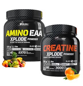 Aminokwasy EAA OLIMP Xplode Powder Owocowy (520 g) + Kreatyna OLIMP Xplode Powder Pomarańczowy (500 g)