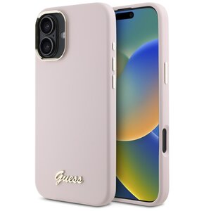 Etui GUESS Silicone Script Metal Logo & Frame do Apple iPhone 16 Plus Różowy