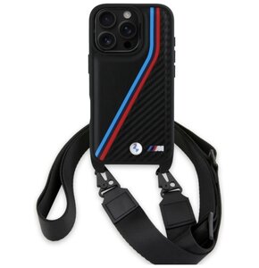 Etui BMW M Edition Carbon Tricolor Lines & Strap do Apple iPhone 16 Pro Czarny