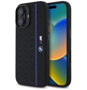 Etui BMW Silicone Hexagon Blue Line MagSafe do Apple iPhone 16 Czarny