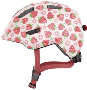 Kask rowerowy ABUS Smiley 3.0 LED Strawberry Różowo-czerwony dla Dzieci z lampką (rozmiar M)