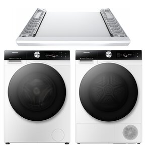 Pralka HISENSE WF7S1247BW Seria 7S 12kg 1400 obr Wi-Fi ConnectLife Autodozowanie AI SuperWash Ekran TFT Smart Assist + Suszarka HISENSE DH7S107BW Seria 7S Wi-Fi ConnectLife AI SuperDry Ekran TFT Samoczyszczacy wymiennik ciepła + Łącznik HISENSE WZXX90-BEW