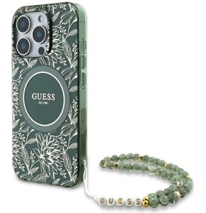 Etui GUESS IML Flowers Allover Electro With Pearl Strap MagSafe do Apple iPhone 16 Pro Max Zielony