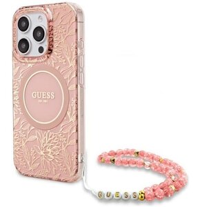 Etui GUESS IML Flowers Allover Electro With Pearl Strap MagSafe do Apple iPhone 16 Pro Różowy