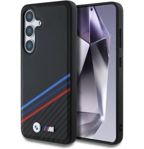 Etui BMW Leather Tricolor Crossing Stripes MagSafe do Samsung Galaxy S25 Czarny