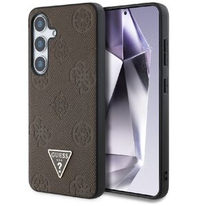 Etui GUESS Grained Hot Stamp Peony Pattern Triangle Logo MagSafe do Samsung Galaxy S25 Brązowy