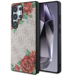 Etui GUESS Leather 4G Flowers Print Metal Classic Logo MagSafe do Samsung Galaxy S25 Ultra Różowy