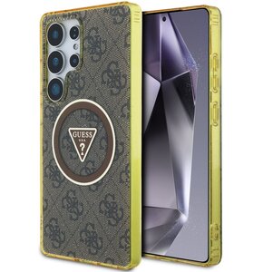 Etui GUESS 4G Glitter Triangle Buttons MagSafe do Samsung Galaxy S25 Ultra Brązowy