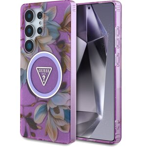 Etui GUESS Glitter Flowers Triangle Buttons MagSafe do Samsung Galaxy S25 Ultra Fioletowy