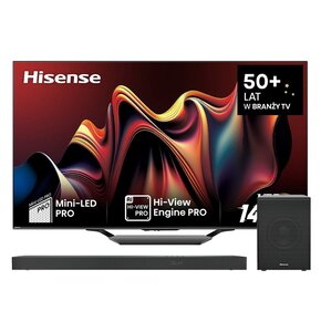 Telewizor HISENSE 85U7NQ 85" MINILED 4K 144Hz VIDAA Full Array Dolby Atmos Dolby Vision HDMI 2.1 + Soundbar HISENSE U5120GW 5.1.2-kanałowy, Bezprzewodowy Subwoofer, 4K,Dolby Atmos,DTS:X,DTS-HD Master,Bluetooth