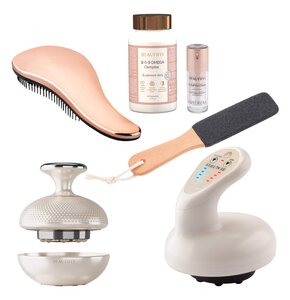 Zestaw BEAUTIFLY (Wyszczuplająco ujędrniający masażer antycellulitowy RF B-Lumix Body + Wyszczuplający masażer ręczny antycellulitowy B-Modello + Szczotka do włosów Combo Złoty + Pilnik do stóp + Suplement diety 3-6-9 Omega Complex (60 szt.) + Krem pod oczy So Soft Eye Cream 15 ml)