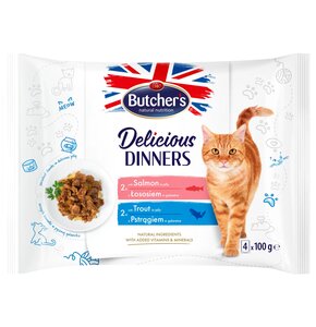 Karma dla kota BUTCHER'S Delicious Dinners z łososiem oraz z pstrągiem (4 x 100 g)