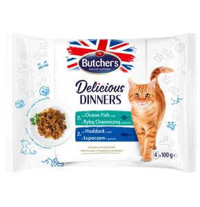 Karma dla kota BUTCHER'S Delicious Dinners z rybą oceaniczną oraz z łupaczem (4 x 100 g)
