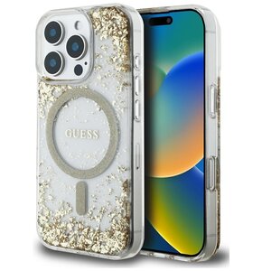 Etui GUESS HC Resin Bottom Glitter MagSafe do Apple iPhone 16 Pro Złoty