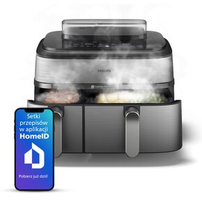 Air Fryer Frytkownica beztłuszczowa PHILIPS Ovi Dual Basket NA555/00 podwójny kosz gotowanie na parze i ponad 1000 przepisów