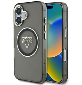 Etui GUESS IML Metal Mountain Logo MagSafe do Apple iPhone 16 Czarno-przezroczysty