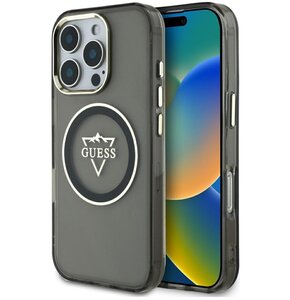 Etui GUESS IML Metal Mountain Logo MagSafe do Apple iPhone 16 Pro Czarno-przezroczysty