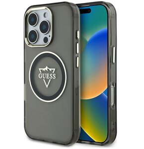 Etui GUESS IML Metal Mountain Logo MagSafe do Apple iPhone 16 Pro Max Czarno-przezroczysty