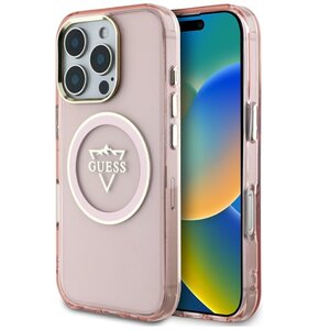 Etui GUESS IML Metal Mountain Logo MagSafe do Apple iPhone 16 Pro Przezroczysto-różowy