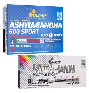Adaptogen OLIMP Ashwagandha 600 Sport (60 kapsułek) + Kompleks witamin i minerałów OLIMP Vita-Min Multiple Sport Mega Caps (60 kapsułek)