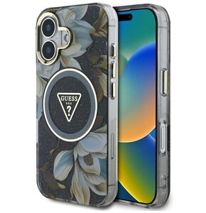 Etui GUESS Glitter Flowers Triangle Buttons MagSafe do Apple iPhone 16 Czarny