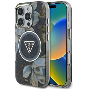 Etui GUESS Glitter Flowers Triangle Buttons MagSafe do Apple iPhone 16 Pro Max Czarny