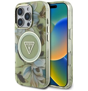 Etui GUESS Glitter Flowers Triangle Buttons MagSafe do Apple iPhone 16 Pro Zielony