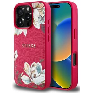 Etui GUESS Grained Printed Flower Pattern MagSafe do Apple iPhone 16 Pro Fuksja