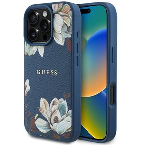 Etui GUESS Grained Printed Flower Pattern MagSafe do Apple iPhone 16 Pro Max Niebieski