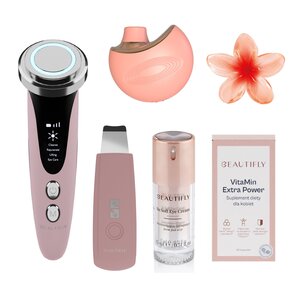 Zestaw BEAUTIFLY Masażer SucSetter Delight + Urządzenie do mezoterapii bezigłowej B-Glossy Blush + Urządzenie do peelingu kawitacyjnego B-Scrub Blush 26 kHz + Klamra do włosów A08 Kwiatek + Krem pod oczy So Soft Eye Cream 15 ml + Suplement diety Vitamin Extra Power (30 szt.)