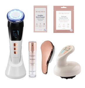 Zestaw BEAUTIFLY Urządzenie do mezoterapii bezigłowej B-Glossy PRO + Wyszczuplający masażer ręczny antycellulitowy B-Modello, bańka masująca + Szczotka do włosów Combo Złoty + Krem Night of Pleasure 50 ml + Płatki pod oczy Hydrogel Beauty Patches 2 szt. +  Suplement diety Vitamin Extra Power (30 szt.)