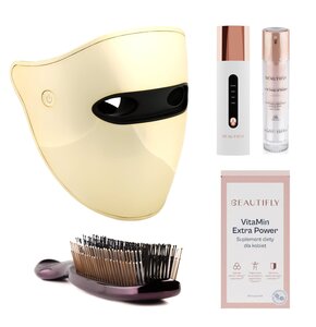 Zestaw BEAUTIFLY Maska LED do Fototerapii Aura GOLD + Urządzenie do peelingu kawitacyjnego B-Scrub PRO Slim 29 kHz + Szczotka do włosów Essa Hair Brush + Krem A.M. Dose of Beauty 50 ml + Suplement diety Vitamin Extra Power (30 szt.)