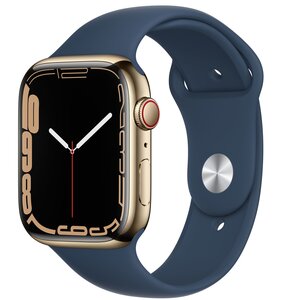 Apple Watch 7 GPS + Cellular 45mm koperta ze stali nierdzewnej (złoty) + opaska sportowa (błękitna toń)