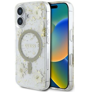 Etui GUESS Resin Flowers Glitter MagSafe do Apple iPhone 16 Beżowy
