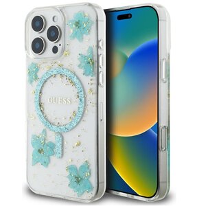 Etui GUESS Resin Flowers Glitter MagSafe do Apple iPhone 16 Pro Turkusowy