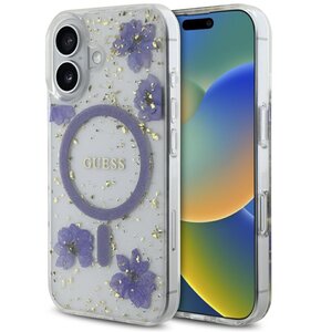 Etui GUESS Resin Flowers Glitter MagSafe do Apple iPhone 16 Fioletowy