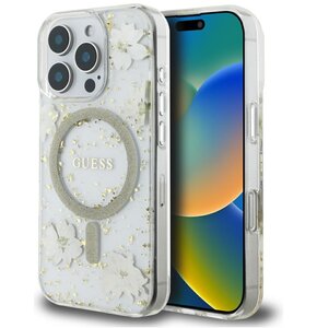 Etui GUESS Resin Flowers Glitter MagSafe do Apple iPhone 16 Pro Max Beżowy