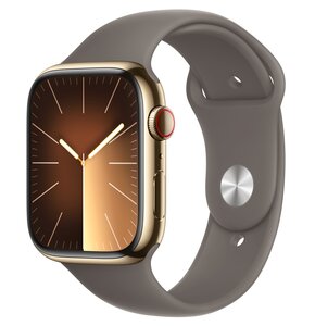 Apple Watch 9 GPS + Cellular 45mm koperta ze stali nierdzewnej (złoty) + pasek sportowy M/L (popielaty brąz)