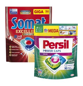 Tabletki do zmywarek SOMAT Excellence Premium 5w1 - 54 szt. + Kapsułki do prania PERSIL Power Caps Color - 60 szt.