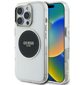 Etui GUESS IML Metal Colored Circle Classic Logo MagSafe do Apple iPhone 16 Pro Przezroczysto-czarny