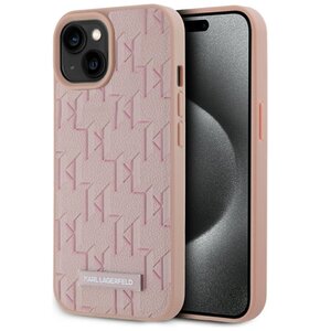 Etui KARL LAGERFELD Leather Monogram Metal Logo MagSafe do Apple iPhone 15 Przezroczysto-różowy