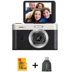 Aparat KODAK PixPro C1 Czarny 13Mpix, 4x zoom, 1/3" BSI CMOS + Karta pamięci 16GB + Czytnik Kart USB