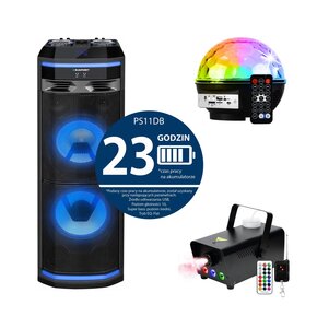 Power Audio BLAUPUNKT PS11DB, 1200W, Bluetooth, Bateria 23 godziny, Dwa bezprzewodowe mikrofony w zestawie, Tuner FM + Kula świetlna MUSICMATE AB69S PartyBall + Wytwornica dymu MUSICMATE DM-1 Lumomist