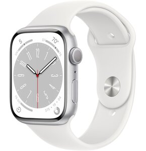 APPLE Watch 8 GPS 45mm koperta z aluminium (srebrny) + pasek sportowy (biały)