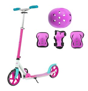 Hulajnoga dla dzieci MILLY MALLY Buzz Różowy + Kask VÖGEL VOK-650S Fioletowy dla Dzieci (Rozmiar S) + Zestaw ochraniaczy