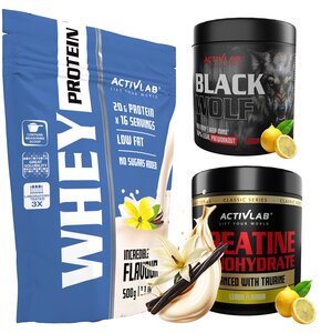 Zestaw na masę ACTIVLAB Odżywka białkowa Whey Protein WPC 85 Waniliowy (500 g) Bez cukru + Monohydrat kreatyny Cytrynowy (300 g) + Przedtreningówka ACTIVLAB Black Wolf Cytrynowy (300 g)