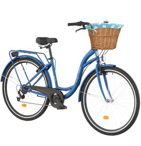 Rower miejski DAWSTAR Citybike S7B 28 cali damski Granatowy + Koszyk wiklinowy na rower VÖGEL VKS-502 Stylowy + Wkład do koszyka VÖGEL VKSC705MTV Błękitno-biały