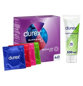 Prezerwatywa DUREX Surprise Me Mix (40 szt.) + Żel intymny DUREX Naturals Pure 100 ml