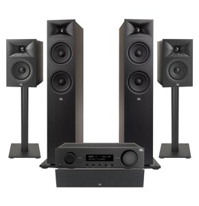 Amplituner JBL MA310 Czarny + Kolumny głośnikowe JBL Stage 2 260F Czarny (2 szt.) + Kolumna głośnikowa JBL Stage 2 240 B Czarny (2 szt.) + Głośnik centralny JBL Stage 2 245C Czarny (1 szt.) + Stojaki do głośników JBL Stage FS Czarny (2 szt.)